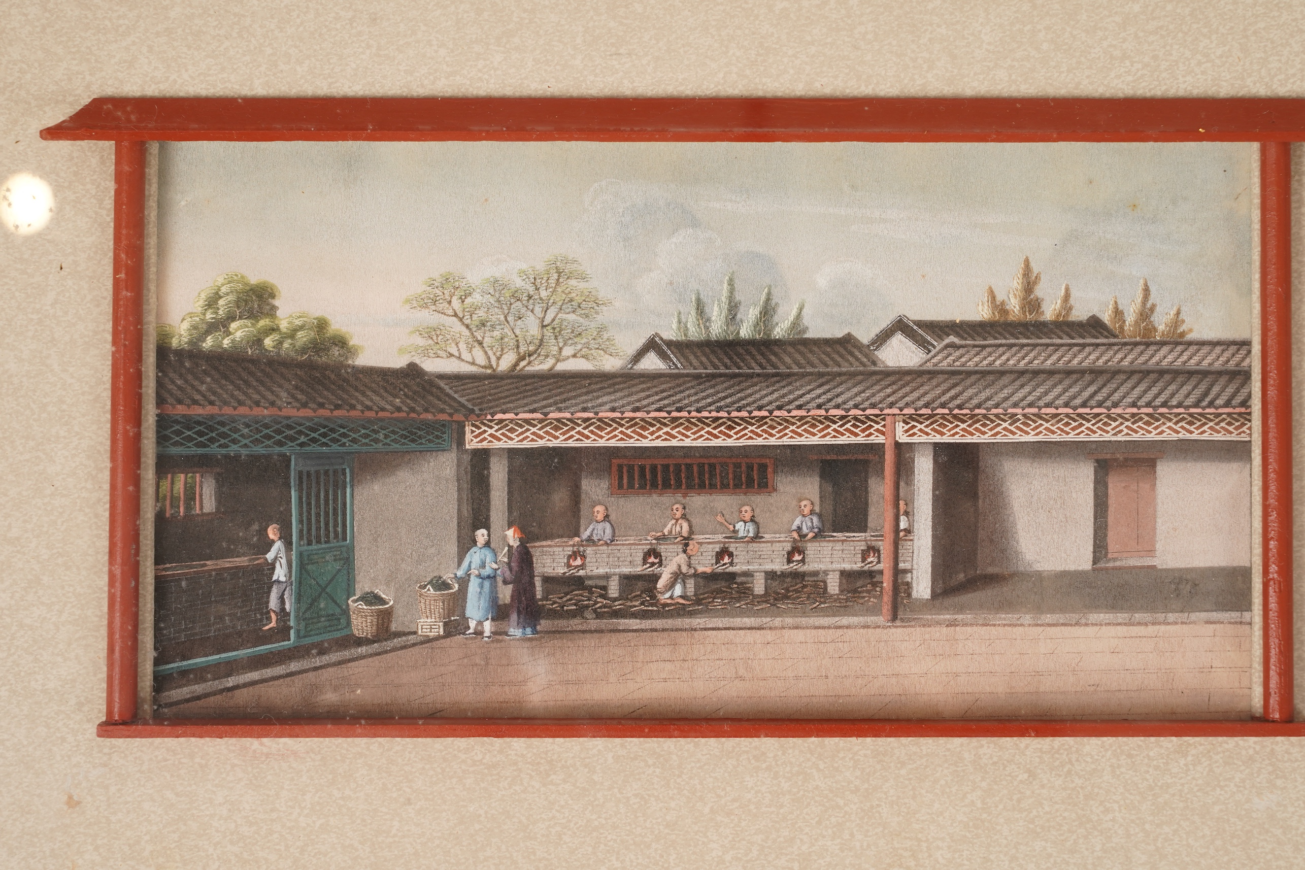 Circle of Youqua , Chinese (Mid 19th century), Scenes of rice or tea production, Six watercolours on pith paper, Image 12cm x 22.5cm